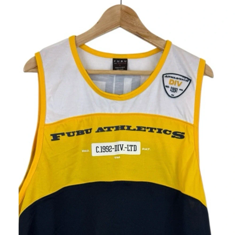 Vintage FUBU Jersey Mens L Yellow Blue 05 Basketball Tank Top Y2K‎ 90s Hip Hop